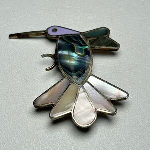 Hummingbird brooch Abalone mother of pearl inlay Iridescent Alpaca Silver Mexico